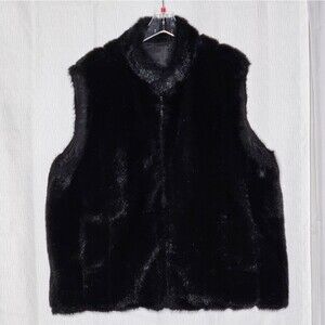 Prague Black Faux Fur Reversible Silk Blend Zip Front Side Pockets Dressy Vest